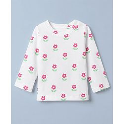Babyhug Cotton Interlock Knit Full Sleeves Co-ord T-Shirt & Pajama Night Suit with Floral Print - White