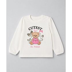 Babyhug 100% Cotton Knit T-Shirt with Full Sleeves and Bear Print in White