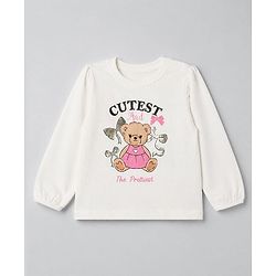 Babyhug 100% Cotton Knit T-Shirt with Full Sleeves and Bear Print in White