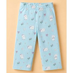 Babyhug Cotton Interlock Knit Full Sleeves Co-ord T-Shirt & Pajama Night Suit with Floral Kitten Print - Light Blue