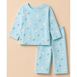 Babyhug Cotton Interlock Knit Full Sleeves Co-ord T-Shirt & Pajama Night Suit with Floral Kitten Print - Light Blue