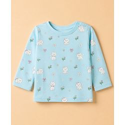 Babyhug Cotton Interlock Knit Full Sleeves Co-ord T-Shirt & Pajama Night Suit with Floral Kitten Print - Light Blue