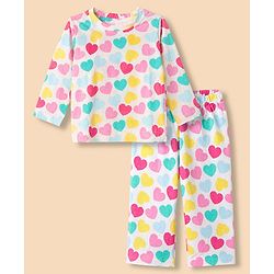 Babyhug Cotton Interlock Knit Full Sleeves Co-ord T-Shirt & Pajama Night Suit with Hearts Print - White