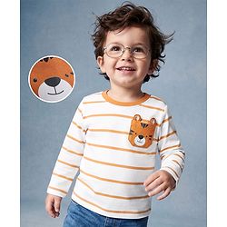 Babyhug 100% Cotton Knit Full Sleeves Striped T-Shirt with Zebra Applique - White