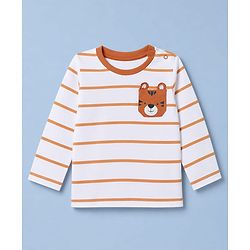 Babyhug 100% Cotton Knit Full Sleeves Striped T-Shirt with Zebra Applique - White