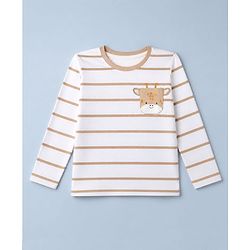 Babyhug 100% Cotton Knit T-Shirts with Full Sleeves Stripes and Giraffe Applique - White