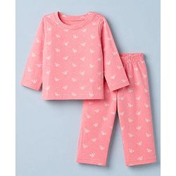 Babyhug Cotton Interlock Knit Full Sleeves Co-ord T-Shirt & Pajama Night Suit with Butterfly Print - Pink