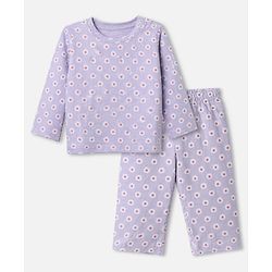 Babyhug Cotton Knit Full Sleeves Co-ord T-Shirt & Pajama Night Suit with Floral Print - Lavender
