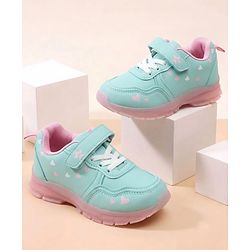 Cute Walk By Babyhug Velcro Closure Sneaker Shoes With Heart Print - Light Blue