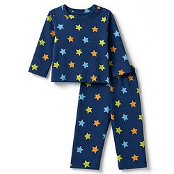Babyhug 100% Cotton Interlock Knit Full Sleeves Co-Ords T-Shirt & Pyjama Night Suit with Star Print - Navy Blue
