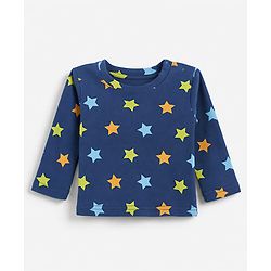 Babyhug 100% Cotton Interlock Knit Full Sleeves Co-Ords T-Shirt & Pyjama Night Suit with Star Print - Navy Blue