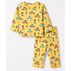 Babyhug 100% Cotton Knit Full Sleeves Co-Ords T-Shirt & Pyjama Night Suit with Animal & Car Print - Yellow