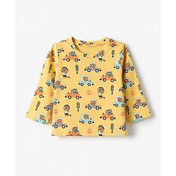 Babyhug 100% Cotton Knit Full Sleeves Co-Ords T-Shirt & Pyjama Night Suit with Animal & Car Print - Yellow