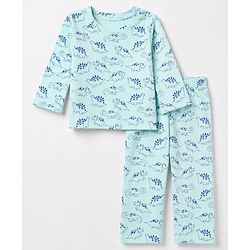 Babyhug 100% Cotton Interlock Knit Full Sleeves Co-Ords T-Shirt & Pyjama Night Suit with Dinosaur Print - Sky Blue