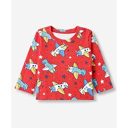 Babyhug 100% Cotton Interlock Knit Full Sleeves Co-Ords T-Shirt & Pyjama Night Suit with Airplane & Star Print - Red