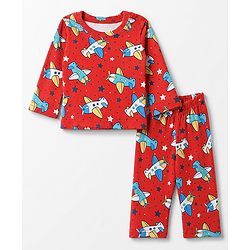Babyhug 100% Cotton Interlock Knit Full Sleeves Co-Ords T-Shirt & Pyjama Night Suit with Airplane & Star Print - Red