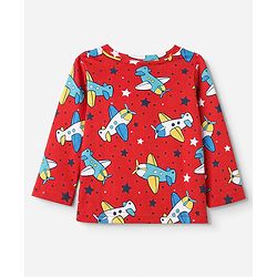 Babyhug 100% Cotton Interlock Knit Full Sleeves Co-Ords T-Shirt & Pyjama Night Suit with Airplane & Star Print - Red