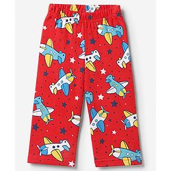 Babyhug 100% Cotton Interlock Knit Full Sleeves Co-Ords T-Shirt & Pyjama Night Suit with Airplane & Star Print - Red