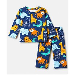 Babyhug Cotton Interlock Knit Full Sleeves Co-ord T-Shirt & Pajama Night Suit with Dinosaur Print - Navy Blue