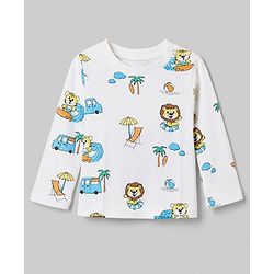 Babyhug Cotton Interlock Knit Full Sleeves Co-ord T-Shirt & Pajama Night Suit with Lion, Tiger, Vehicle & Beach Theme Print - White