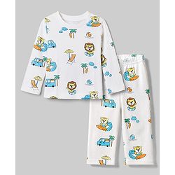 Babyhug Cotton Interlock Knit Full Sleeves Co-ord T-Shirt & Pajama Night Suit with Lion, Tiger, Vehicle & Beach Theme Print - White