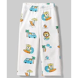 Babyhug Cotton Interlock Knit Full Sleeves Co-ord T-Shirt & Pajama Night Suit with Lion, Tiger, Vehicle & Beach Theme Print - White