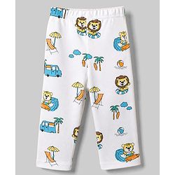 Babyhug Cotton Interlock Knit Full Sleeves Co-ord T-Shirt & Pajama Night Suit with Lion, Tiger, Vehicle & Beach Theme Print - White