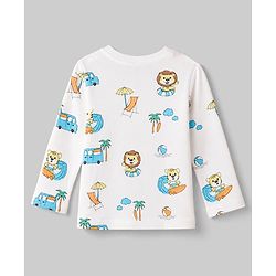 Babyhug Cotton Interlock Knit Full Sleeves Co-ord T-Shirt & Pajama Night Suit with Lion, Tiger, Vehicle & Beach Theme Print - White