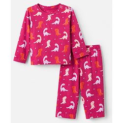 Babyhug Cotton Interlock Knit Full Sleeves Co-ord T-Shirt & Pajama Night Suit with Dinosaur & Heart Print - Maroon