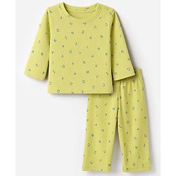 Babyhug 100% Cotton Interlock Knit Full Sleeves Co-Ords T-Shirt & Pyjama Night Suit with Alphabet Print -Oilve Green