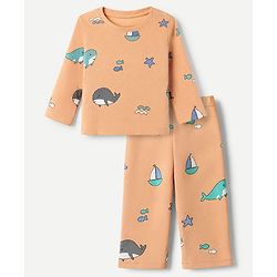 Babyhug Cotton Interlock Knit Full Sleeves Co-Ord T-Shirt And Pyjama Night Suit With Sea life Print - Orange