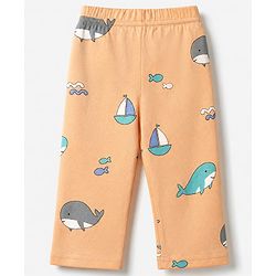 Babyhug Cotton Interlock Knit Full Sleeves Co-Ord T-Shirt And Pyjama Night Suit With Sea life Print - Orange