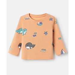 Babyhug Cotton Interlock Knit Full Sleeves Co-Ord T-Shirt And Pyjama Night Suit With Sea life Print - Orange