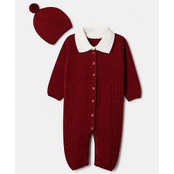 Babyhug Knit Winter Romper and Cap with Full Sleeves - Maroon