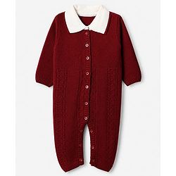 Babyhug Knit Winter Romper and Cap with Full Sleeves - Maroon