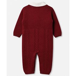 Babyhug Knit Winter Romper and Cap with Full Sleeves - Maroon