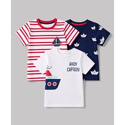 Babyhug 100% Cotton Knit Half Sleeves T-Shirts with Striped & Boat Print Pack of 3 - Red White & Blue