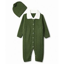 Babyhug Knit Winter Romper and Cap with Full Sleeves - Olive Green