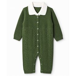 Babyhug Knit Winter Romper and Cap with Full Sleeves - Olive Green