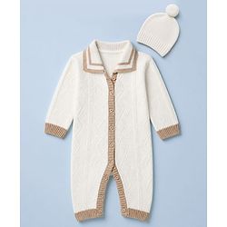 Babyhug Knit Front Open Collared Romper and Cap with Full Sleeves with Cable Knit - Cream