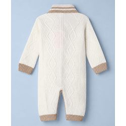 Babyhug Knit Front Open Collared Romper and Cap with Full Sleeves with Cable Knit - Cream