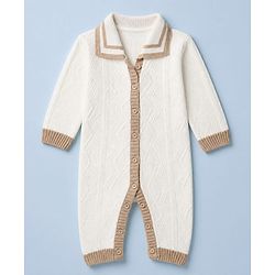 Babyhug Knit Front Open Collared Romper and Cap with Full Sleeves with Cable Knit - Cream
