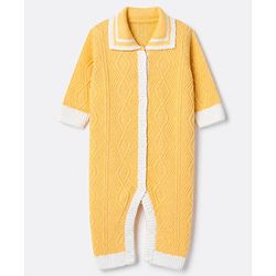 Babyhug Knit Front Open Collared Romper and Cap with Full Sleeves with Cable Knit - Cream