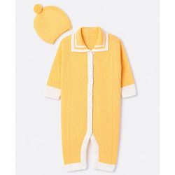Babyhug Knit Front Open Collared Romper and Cap with Full Sleeves with Cable Knit - Cream