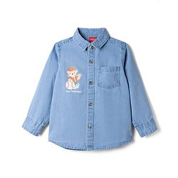 Babyhug Cotton Woven Washed Full Sleeves Denim Shirt with Bear Print - Blue
