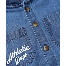 Babyhug 100% Cotton Woven Denim Full Sleeves Hooded Wahed Shirt with Front & Back Athletic Dept Print - Blue