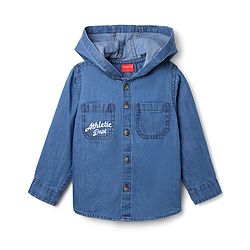 Babyhug 100% Cotton Woven Denim Full Sleeves Hooded Wahed Shirt with Front & Back Athletic Dept Print - Blue