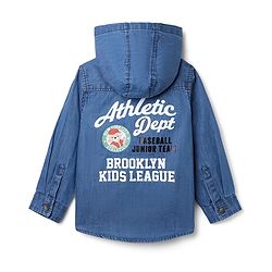 Babyhug 100% Cotton Woven Denim Full Sleeves Hooded Wahed Shirt with Front & Back Athletic Dept Print - Blue