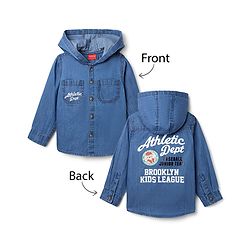Babyhug 100% Cotton Woven Denim Full Sleeves Hooded Wahed Shirt with Front & Back Athletic Dept Print - Blue