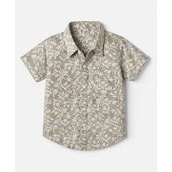 Babyhug 100% Cotton Woven Collar Neck Shirt with Half Sleeves and Leaves Print in Olive Green